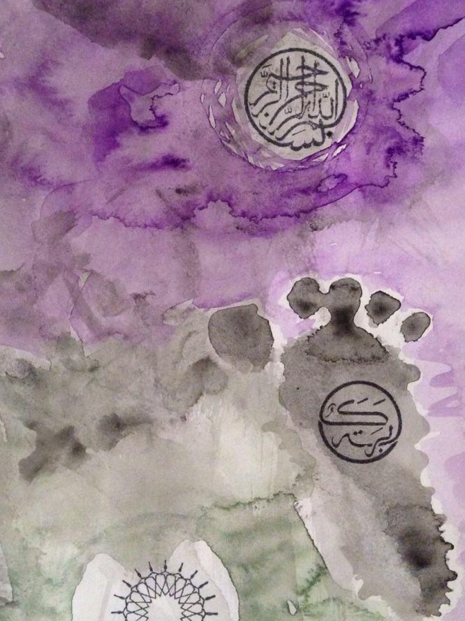 After our daughter Naomi was born, I used her foot in this watercolor to record how tiny she had once been. The Arabic stamp is the word for blessing. You can just make out her toes in the clouds on the back cover.